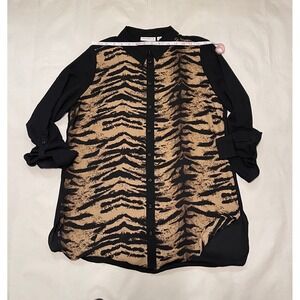 Black Contrast Tiger Print Button Down Long‎ Sleeve Shirt Top Women